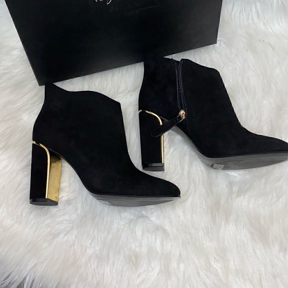 VC John Camuto Black True Suede Booties with Gold Trim - Picture 2 of 14